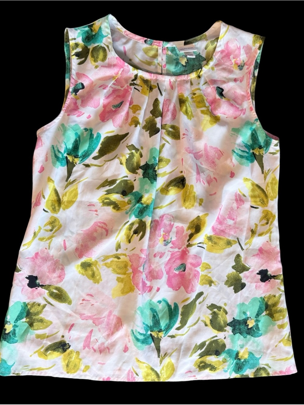 Merona Womens Medium Floral Sleeveless Blouse Pink Teal Pleated Watercolor
